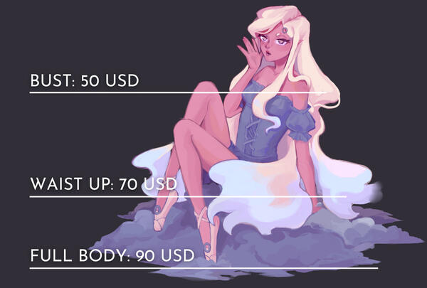 bust: 50 USD, waist up: 70 USD, full body: 90 USD